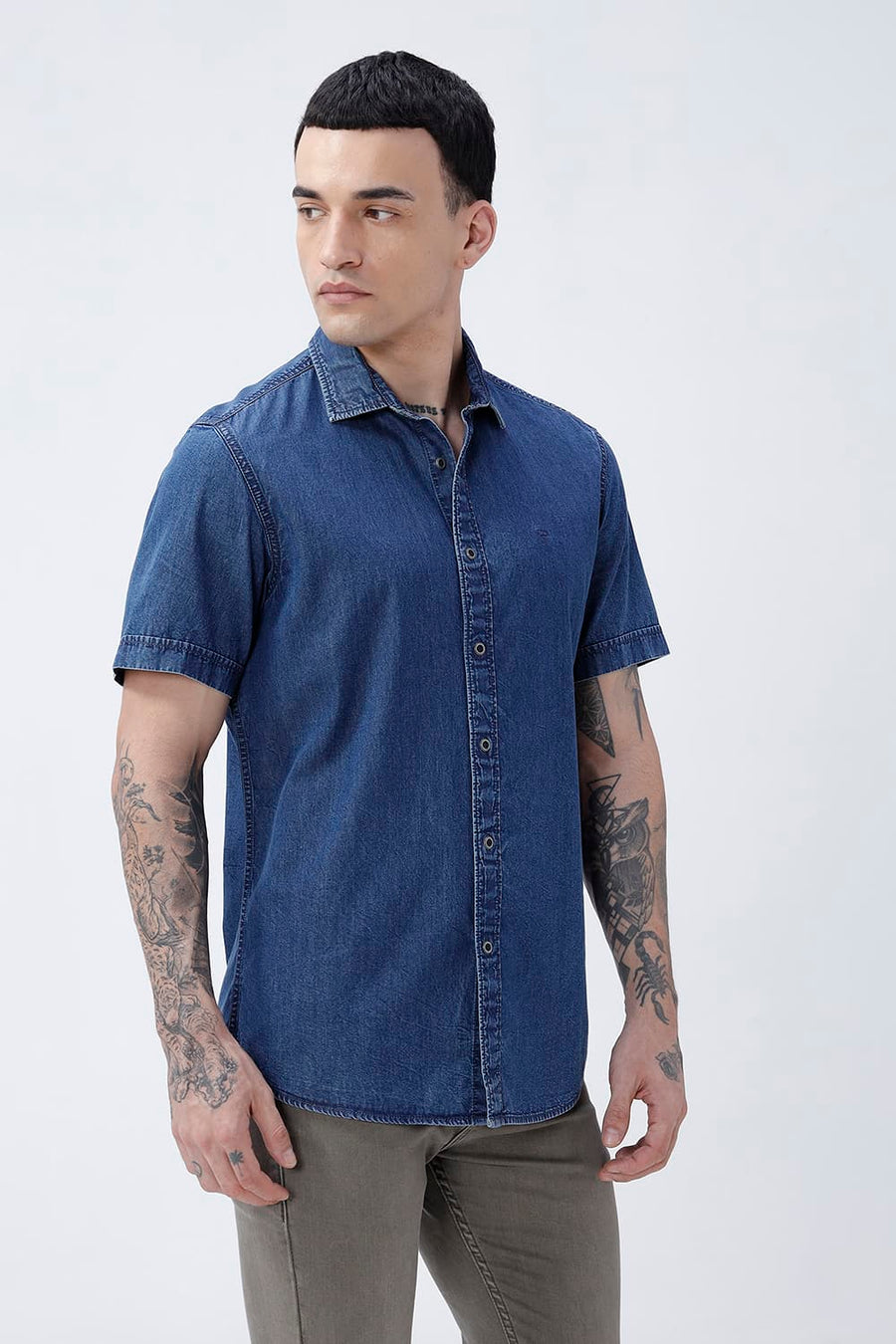 BASICS SLIM FIT VINTAGE BLUE COTTON INDIGO HALFSLEEVES SHIRT