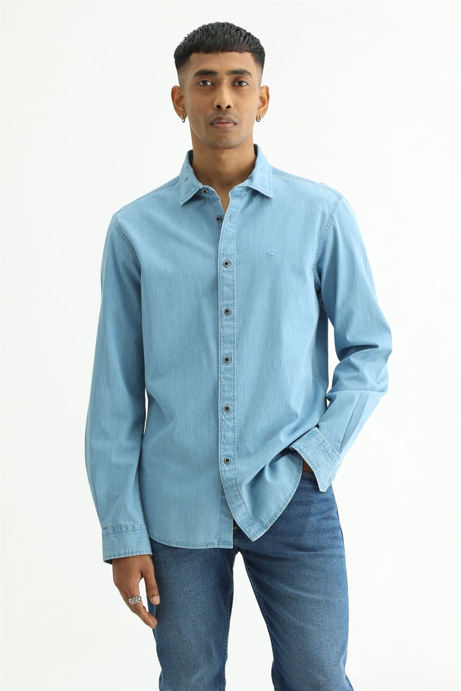BASICS SLIM FIT BLUE FOG COTTON INDIGO SHIRT
