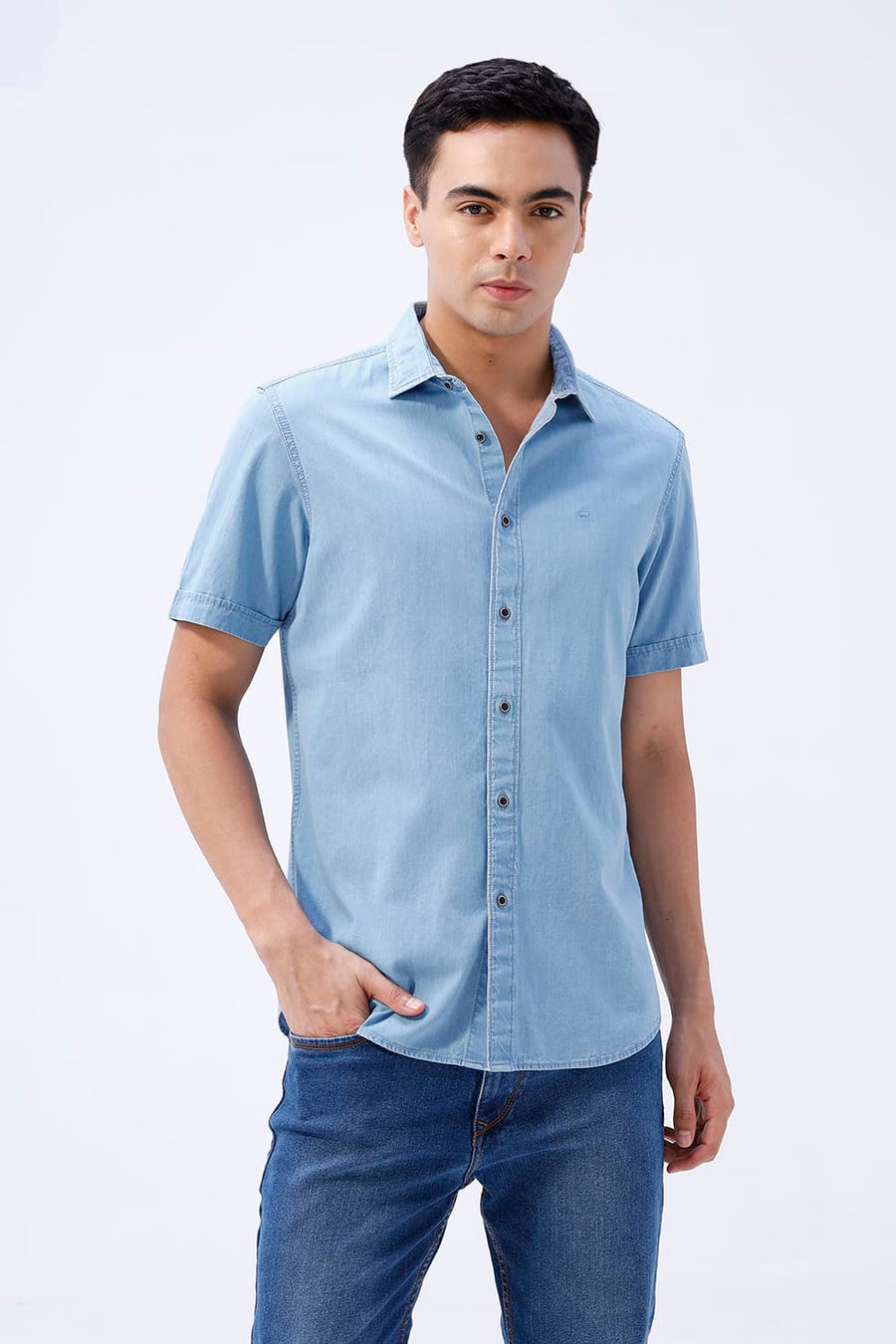 BASICS SLIM FIT BLUE FOG COTTON INDIGO HALFSLEEVES SHIRT