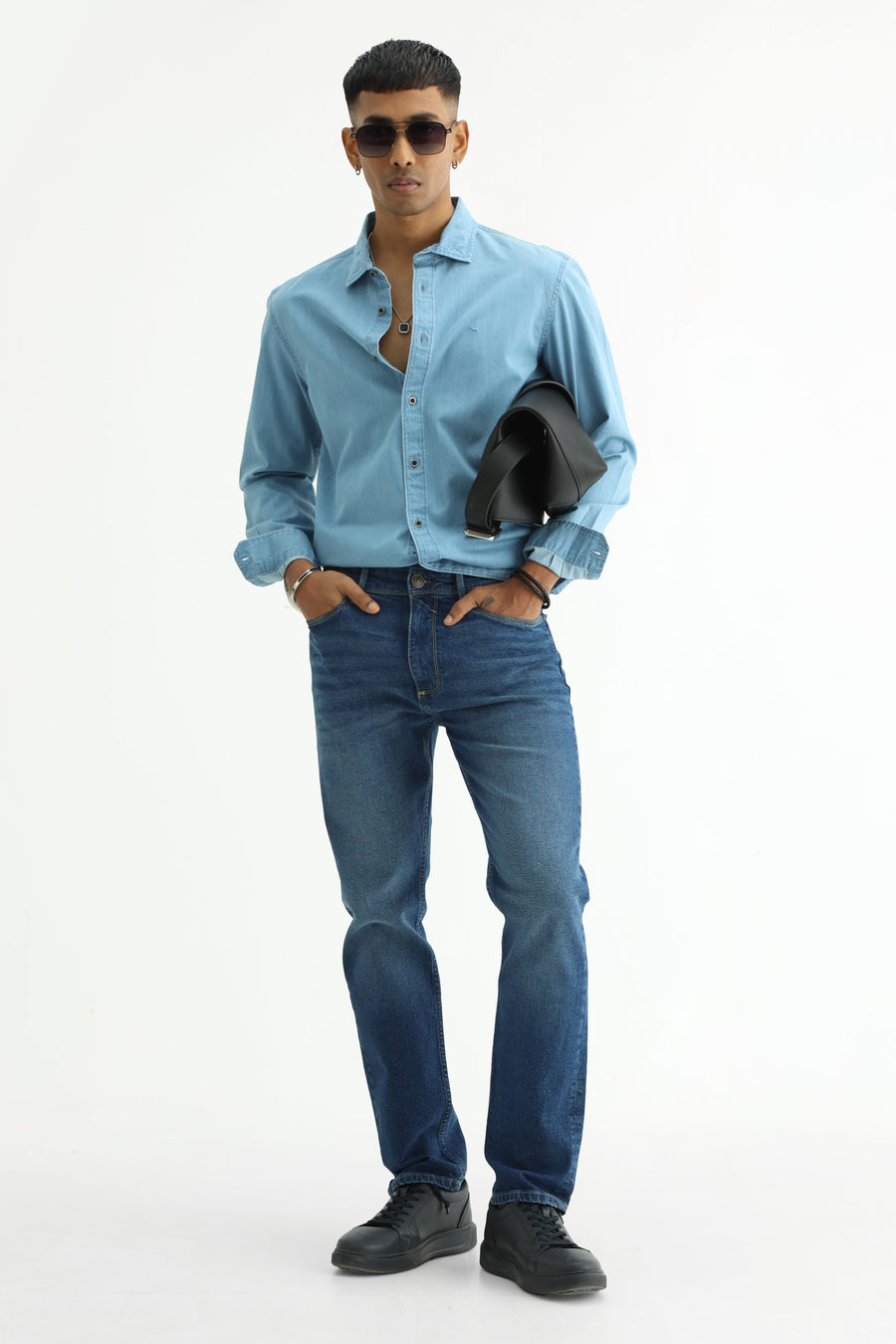 BASICS SLIM FIT BLUE FOG COTTON INDIGO SHIRT