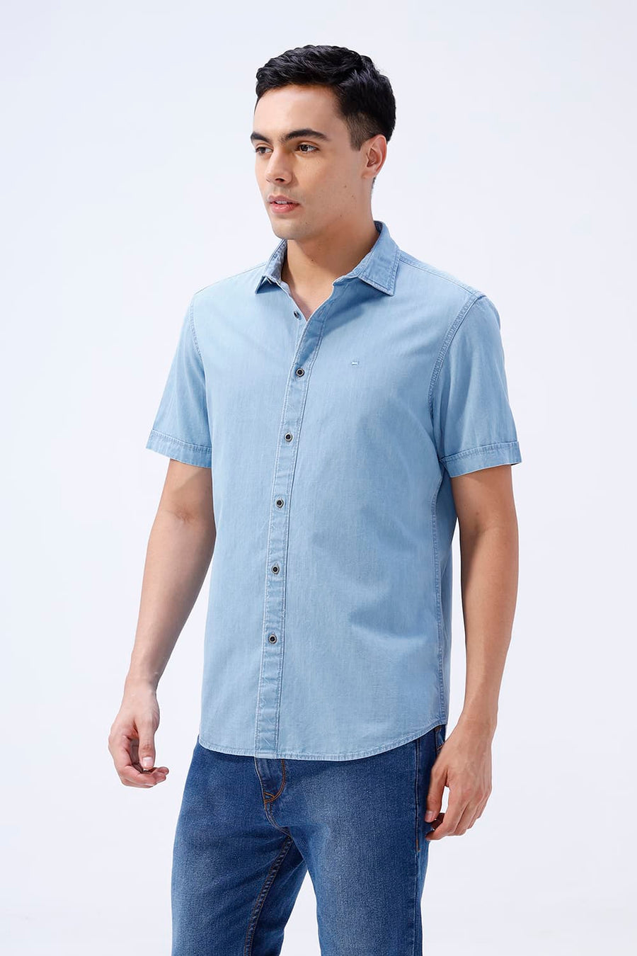 BASICS SLIM FIT BLUE FOG COTTON INDIGO HALFSLEEVES SHIRT