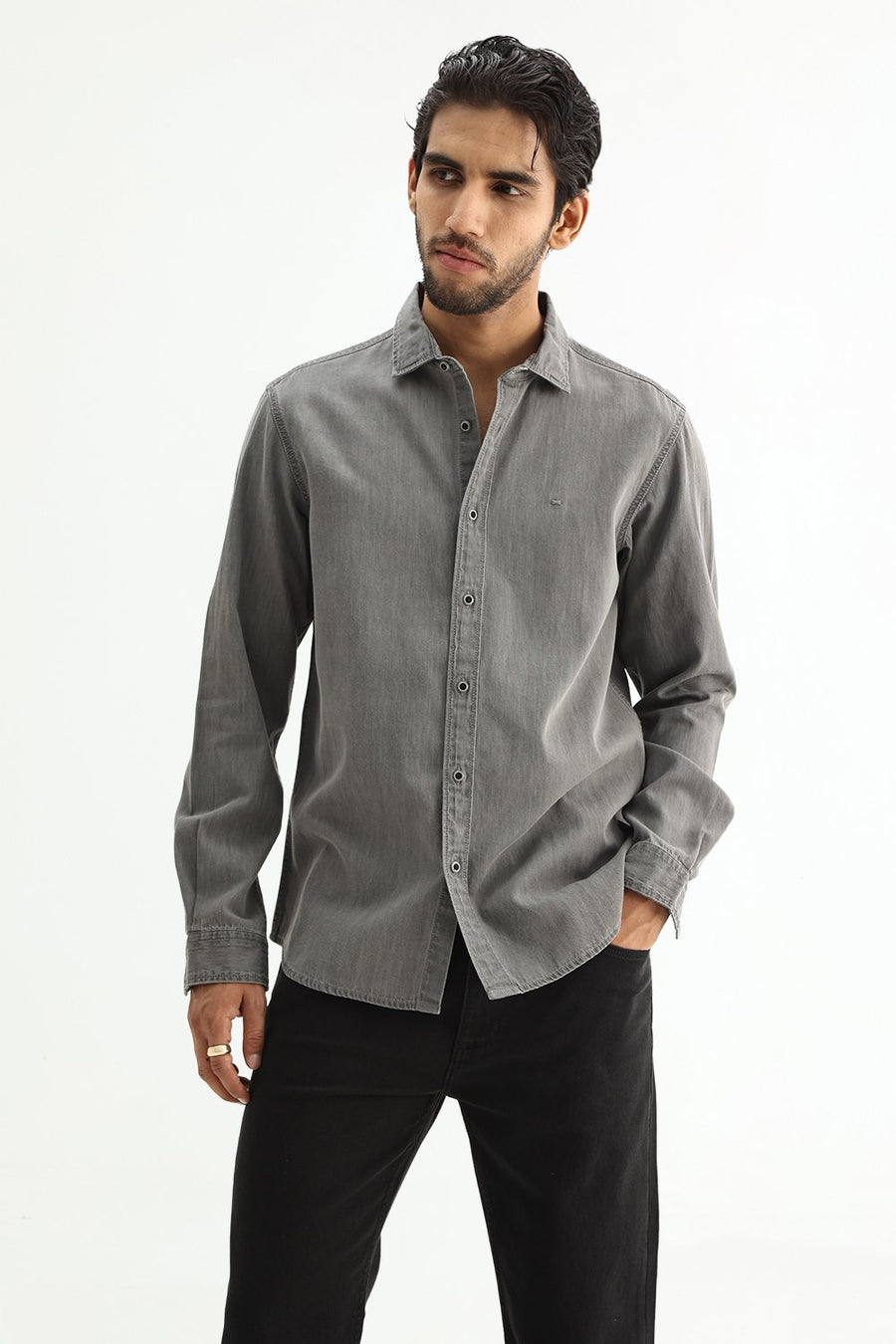 BASICS SLIM FIT NICKEL BLACK COTTON SULPHUR SHIRT
