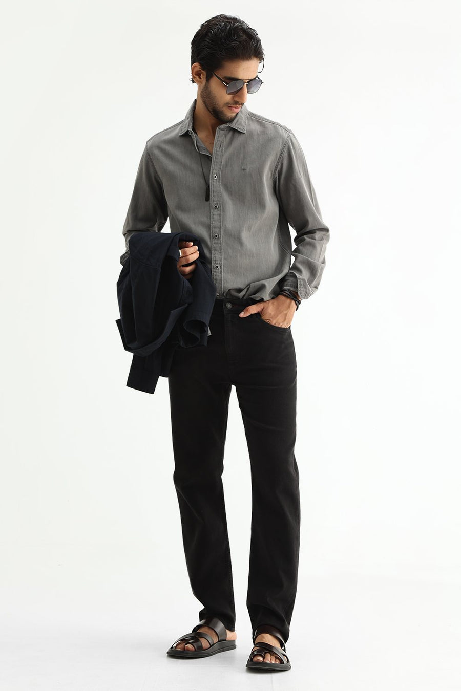 BASICS SLIM FIT NICKEL BLACK COTTON SULPHUR SHIRT