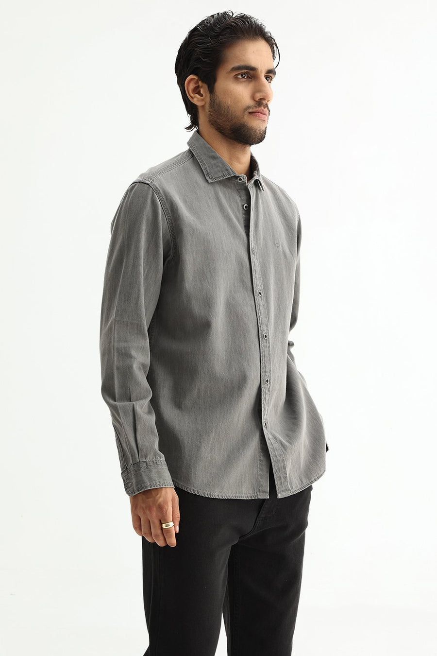 BASICS SLIM FIT NICKEL BLACK COTTON SULPHUR SHIRT
