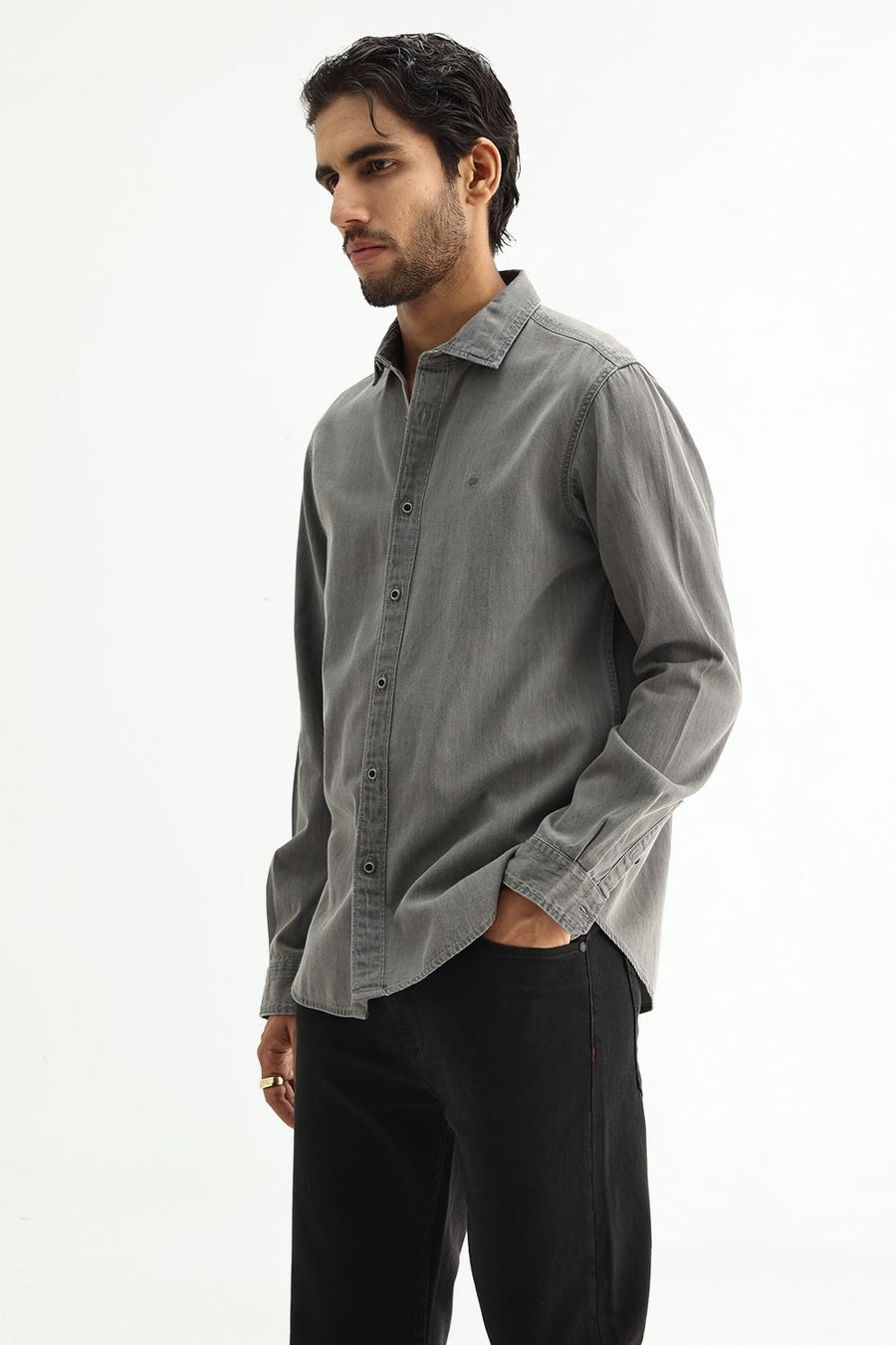 BASICS SLIM FIT NICKEL BLACK COTTON SULPHUR SHIRT
