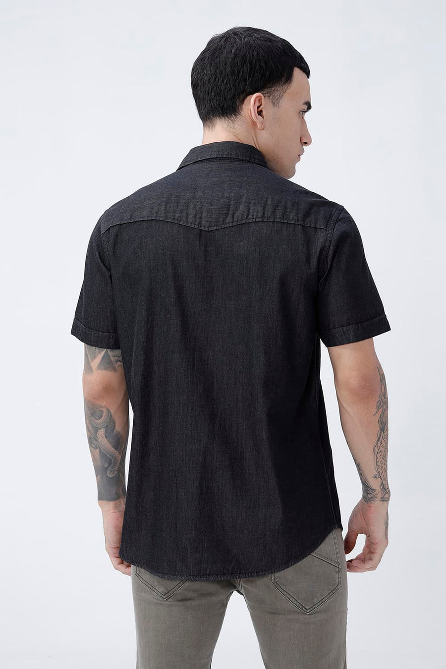 BASICS SLIM FIT BLACK LIMO COTTON SULPHUR HALFSLEEVES SHIRT