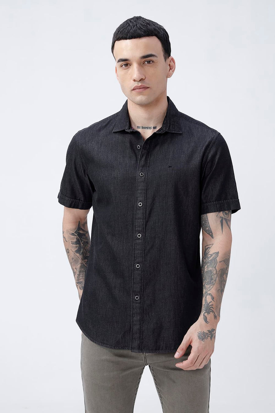 BASICS SLIM FIT BLACK LIMO COTTON SULPHUR HALFSLEEVES SHIRT