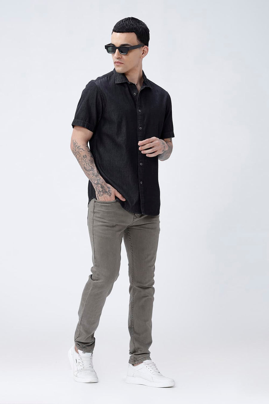 BASICS SLIM FIT BLACK LIMO COTTON SULPHUR HALFSLEEVES SHIRT