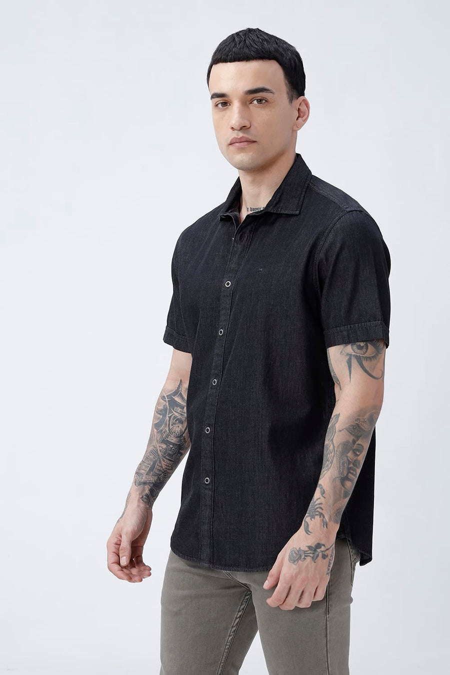 BASICS SLIM FIT BLACK LIMO COTTON SULPHUR HALFSLEEVES SHIRT
