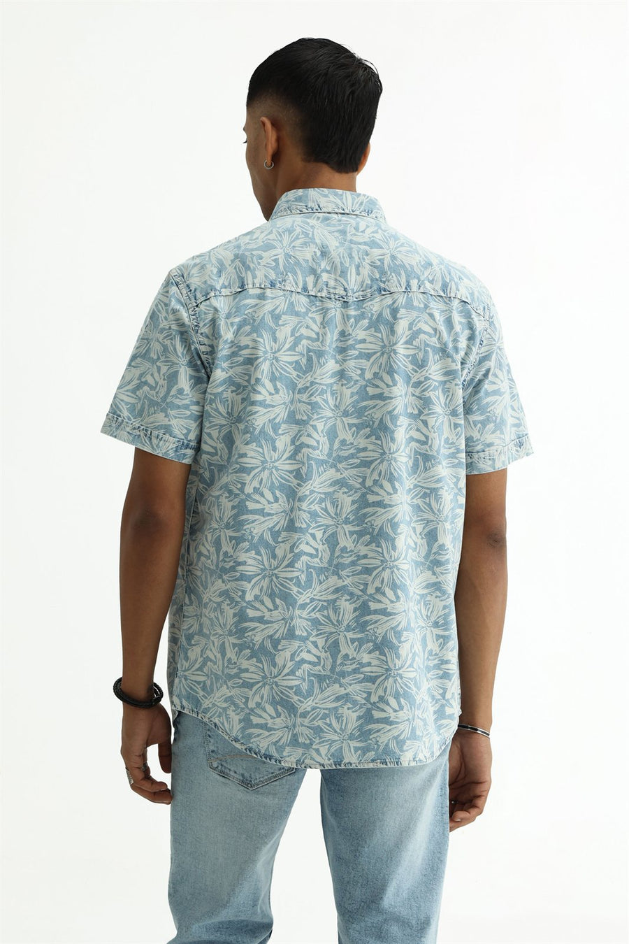 BASICS SLIM FIT  COTTON INDIGO PRINTED SHIRT