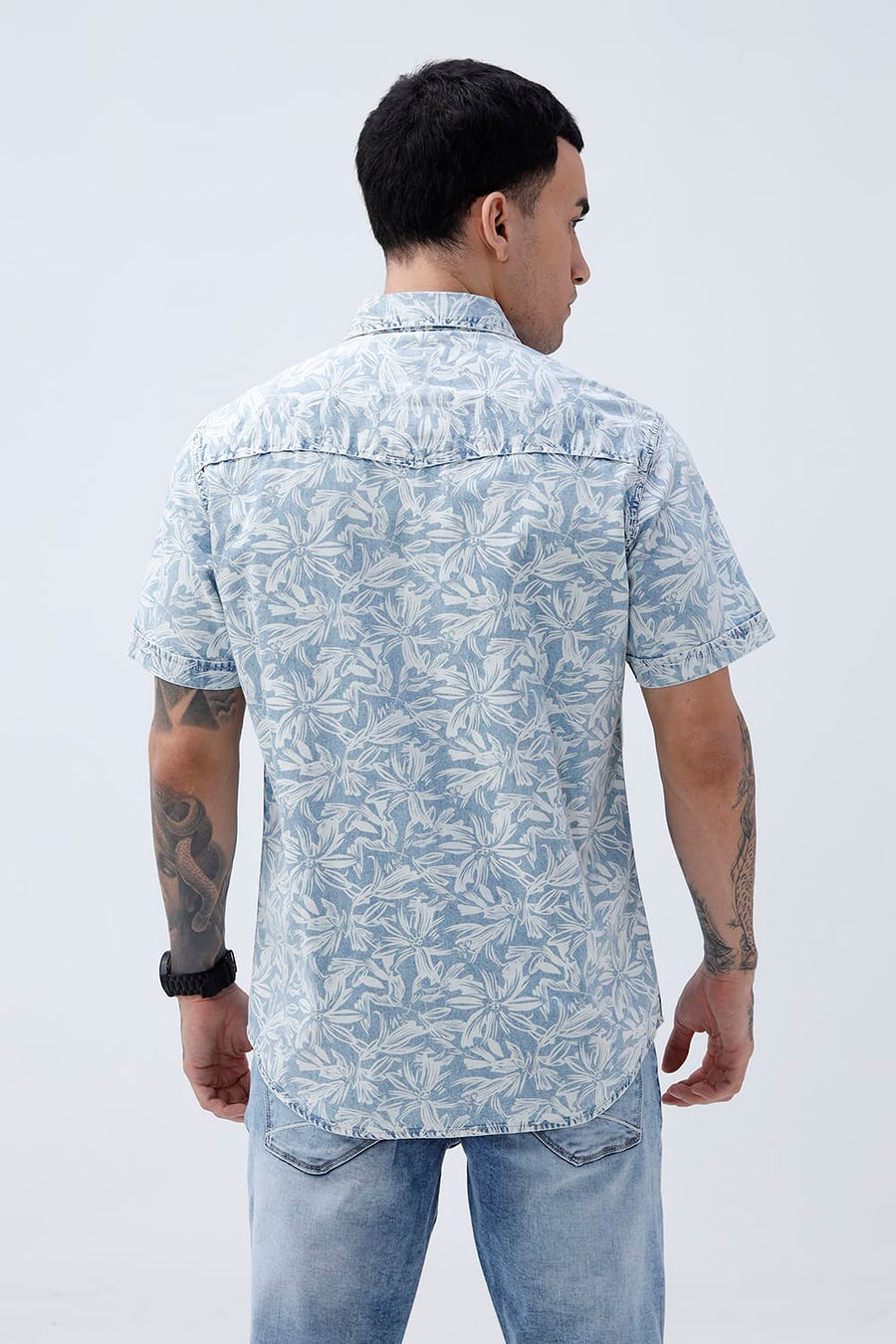 BASICS SLIM FIT  COTTON INDIGO PRINTED HALFSLEEVES SHIRT