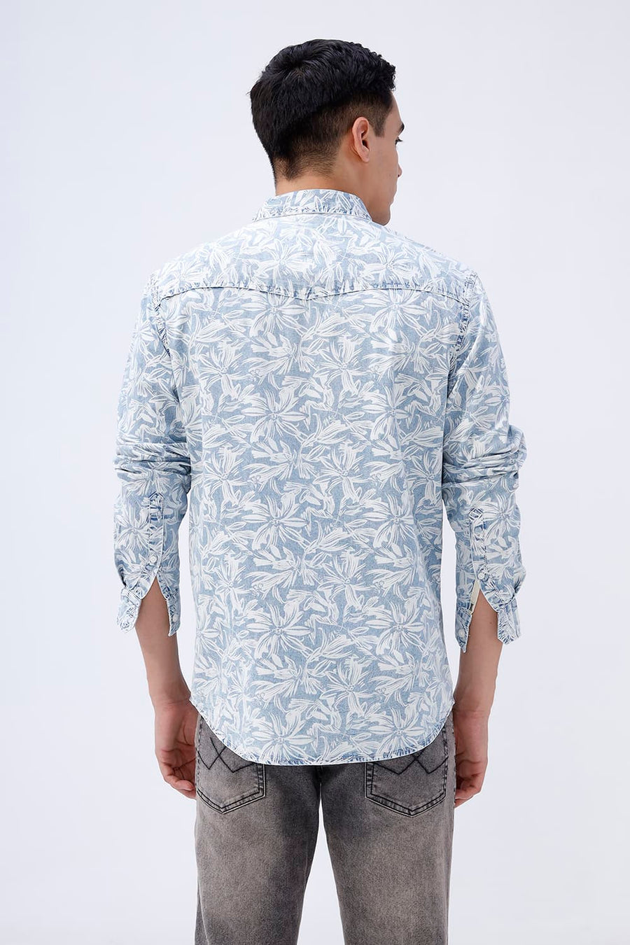 BASICS SLIM FIT  COTTON INDIGO PRINTED SHIRT