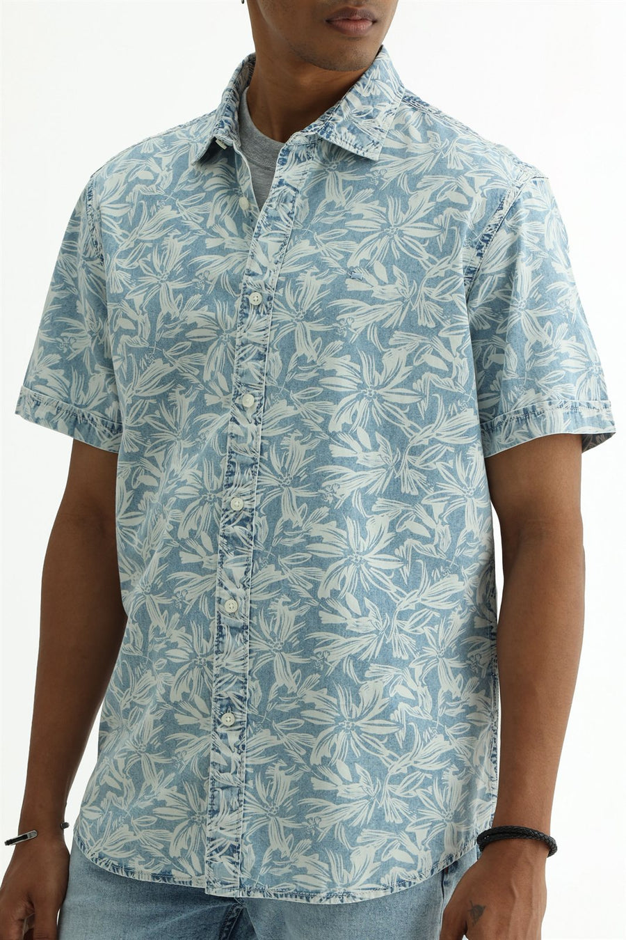 BASICS SLIM FIT  COTTON INDIGO PRINTED SHIRT