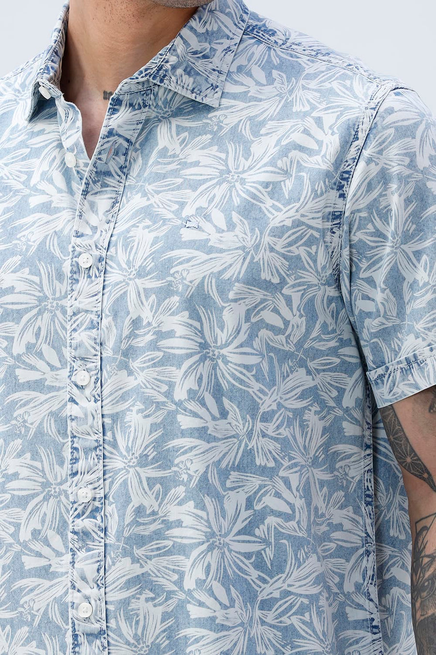 BASICS SLIM FIT  COTTON INDIGO PRINTED HALFSLEEVES SHIRT