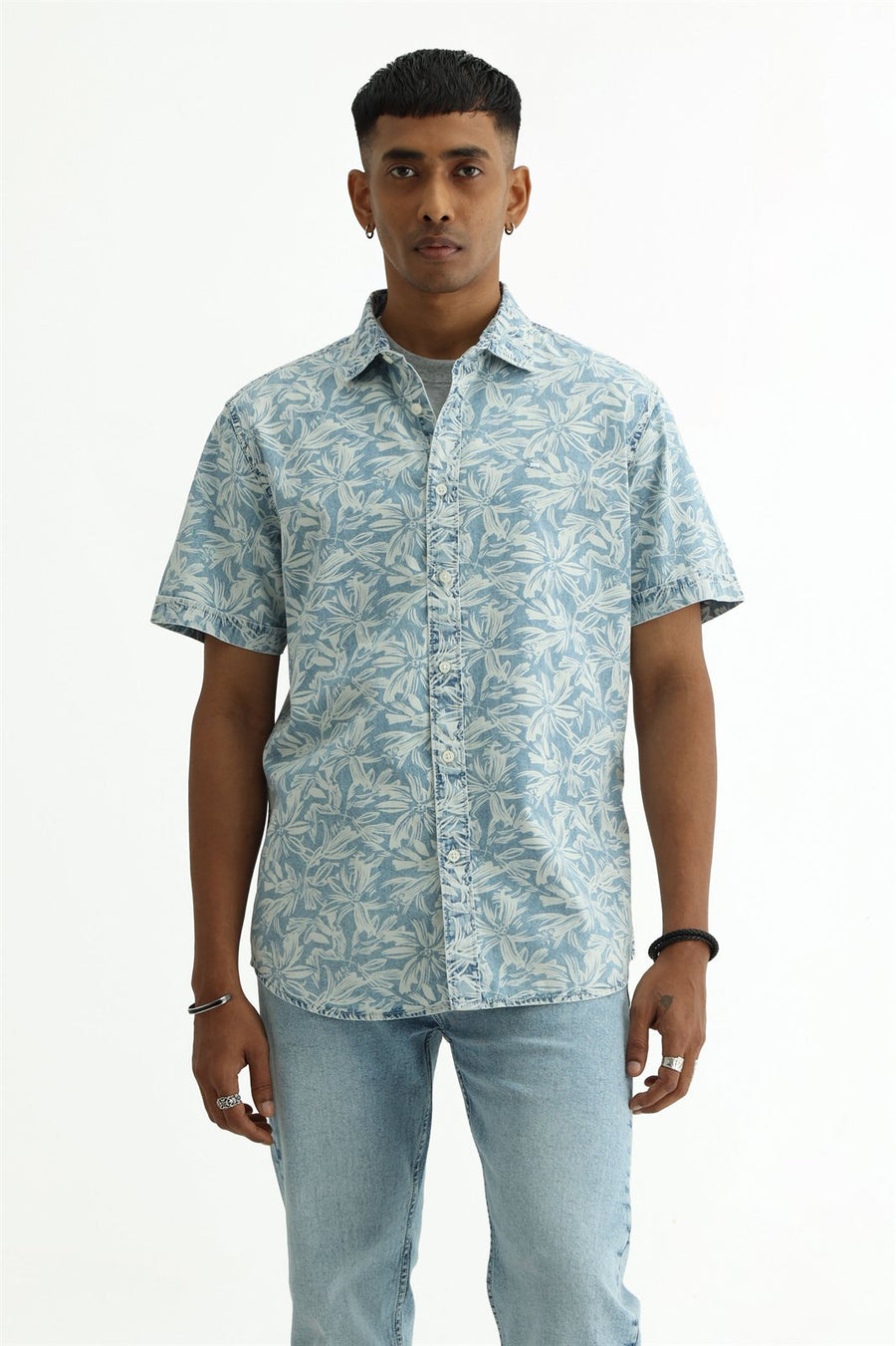 BASICS SLIM FIT  COTTON INDIGO PRINTED SHIRT