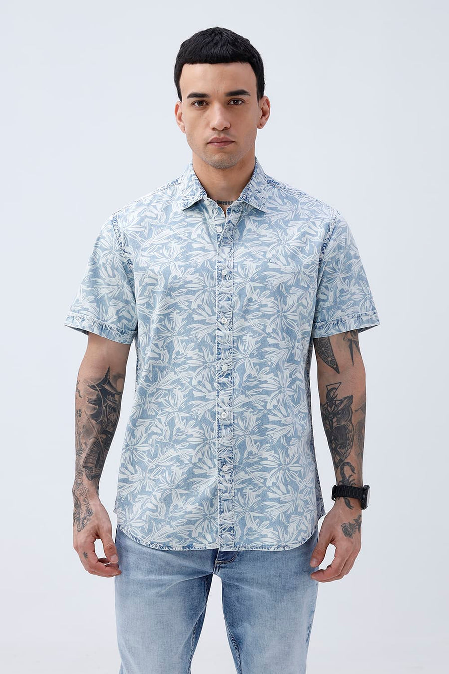 BASICS SLIM FIT  COTTON INDIGO PRINTED HALFSLEEVES SHIRT