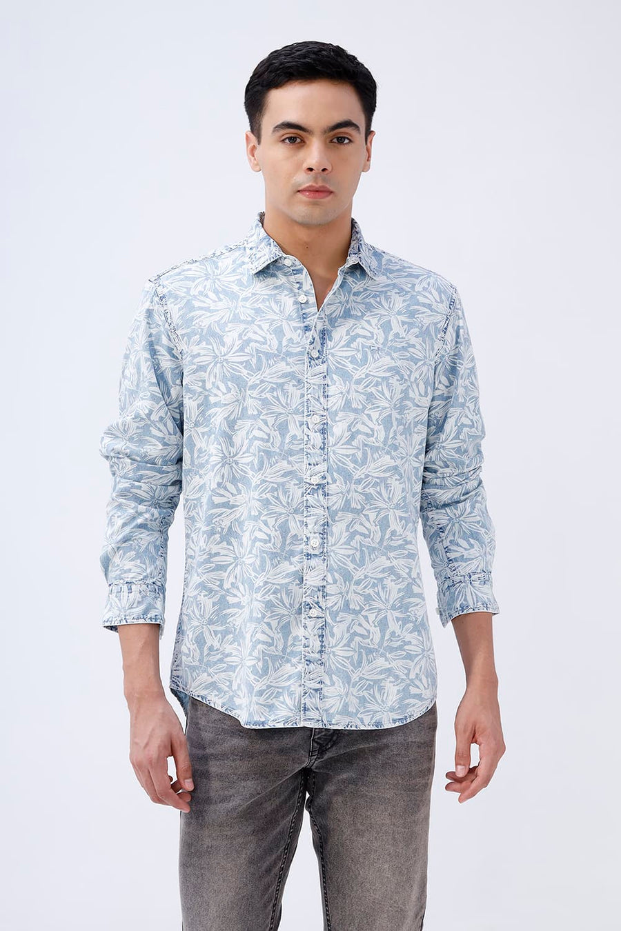 BASICS SLIM FIT  COTTON INDIGO PRINTED SHIRT