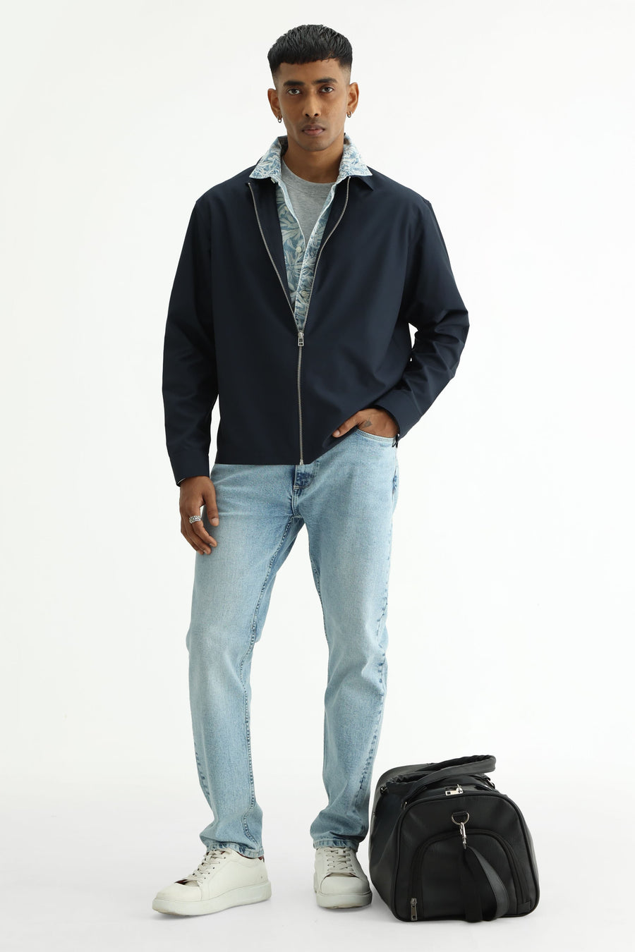 BASICS SLIM FIT  COTTON INDIGO PRINTED SHIRT