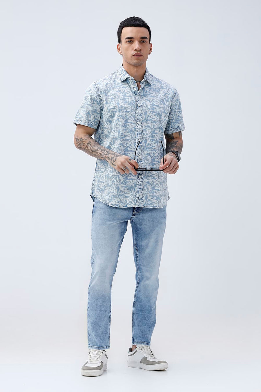 BASICS SLIM FIT  COTTON INDIGO PRINTED HALFSLEEVES SHIRT
