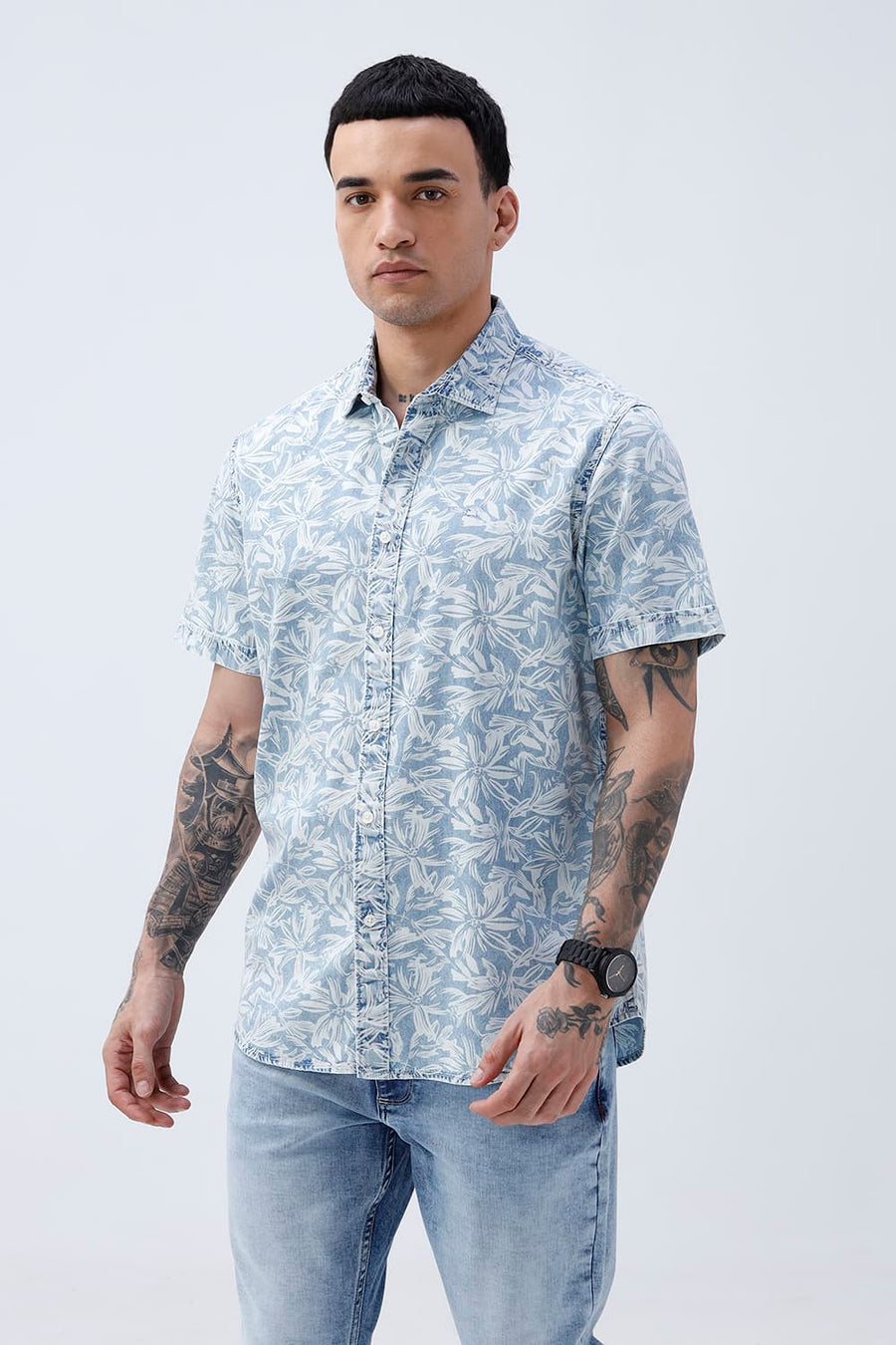 BASICS SLIM FIT  COTTON INDIGO PRINTED HALFSLEEVES SHIRT