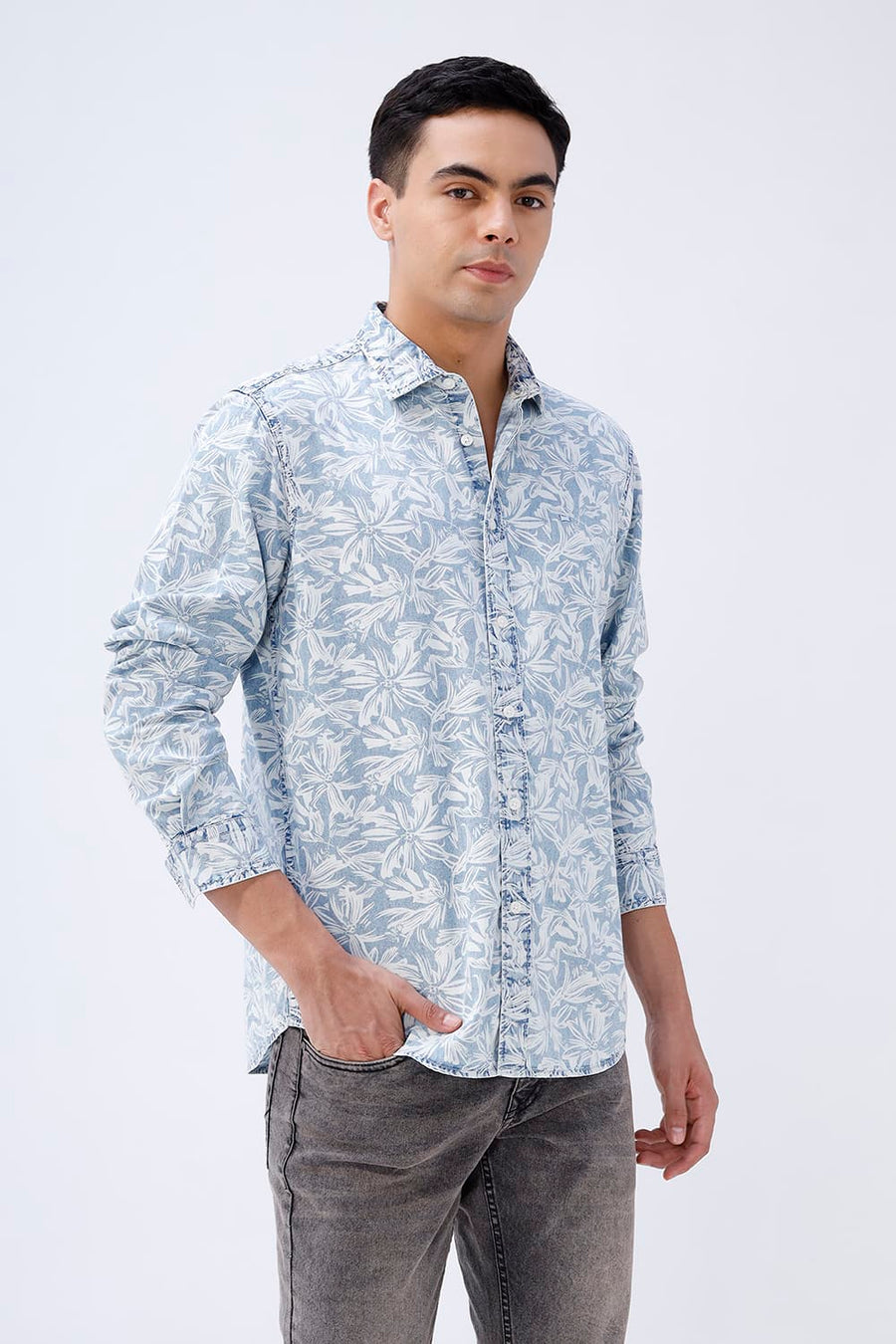 BASICS SLIM FIT  COTTON INDIGO PRINTED SHIRT