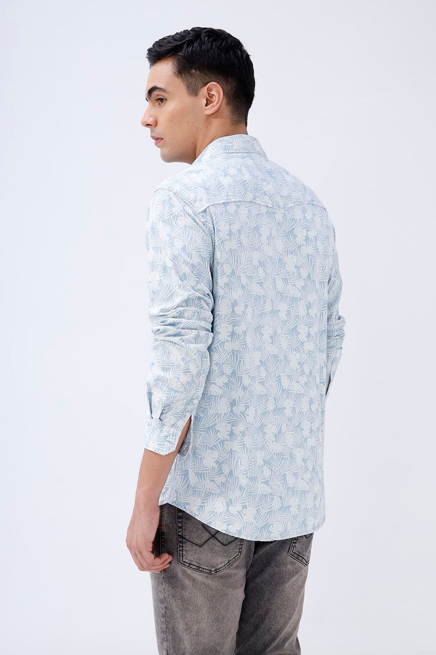 BASICS SLIM FIT  COTTON INDIGO PRINTED SHIRT