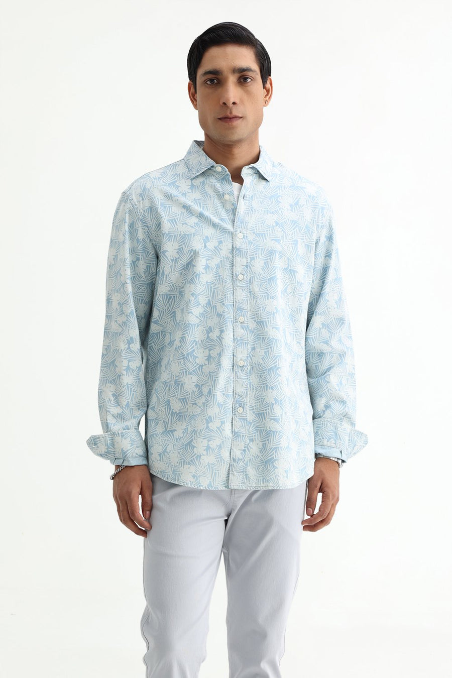 BASICS SLIM FIT  COTTON INDIGO PRINTED SHIRT