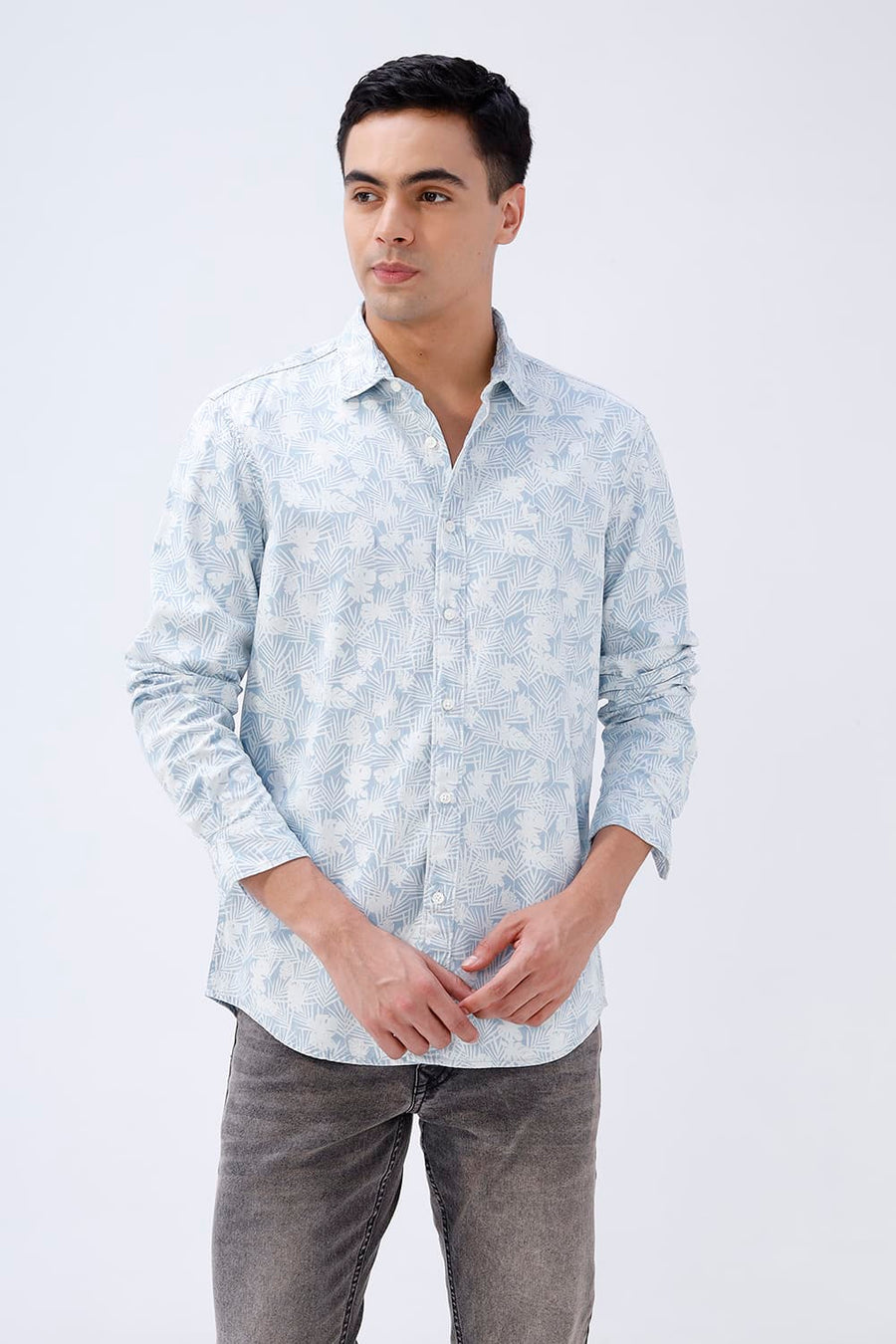 BASICS SLIM FIT  COTTON INDIGO PRINTED SHIRT