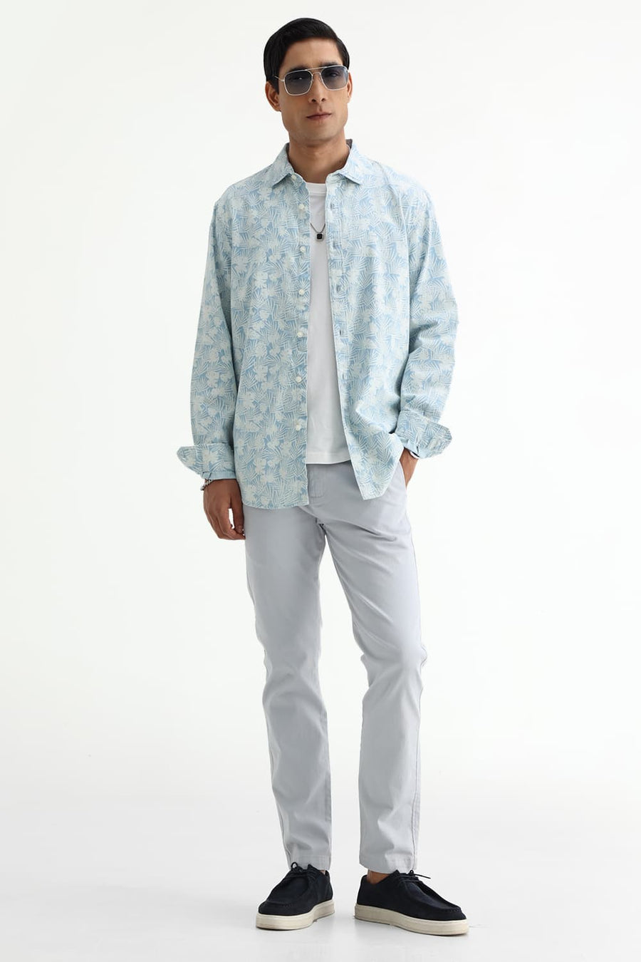 BASICS SLIM FIT  COTTON INDIGO PRINTED SHIRT