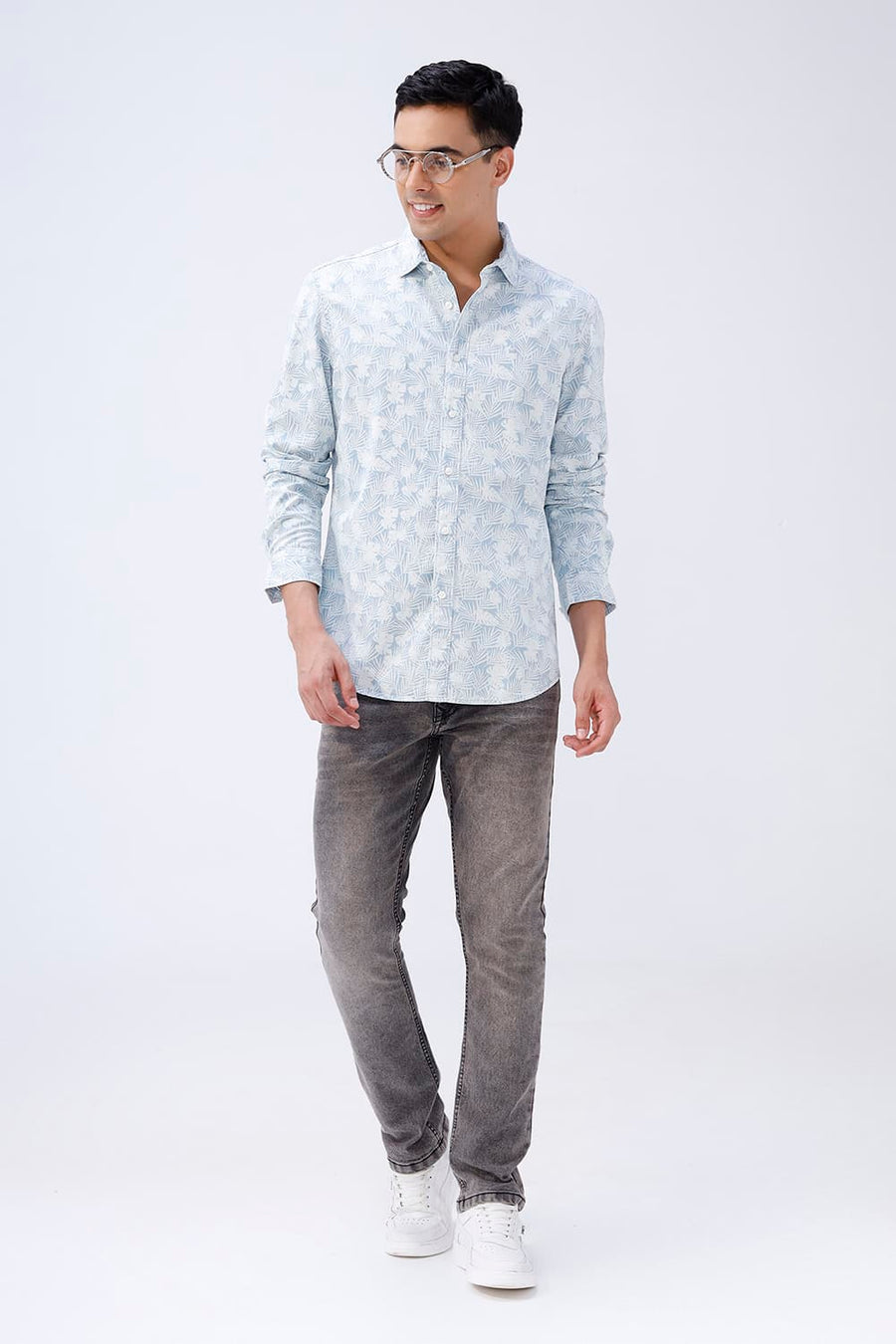 BASICS SLIM FIT  COTTON INDIGO PRINTED SHIRT