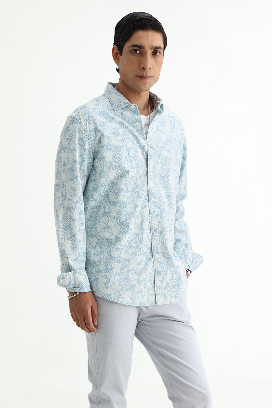 BASICS SLIM FIT  COTTON INDIGO PRINTED SHIRT