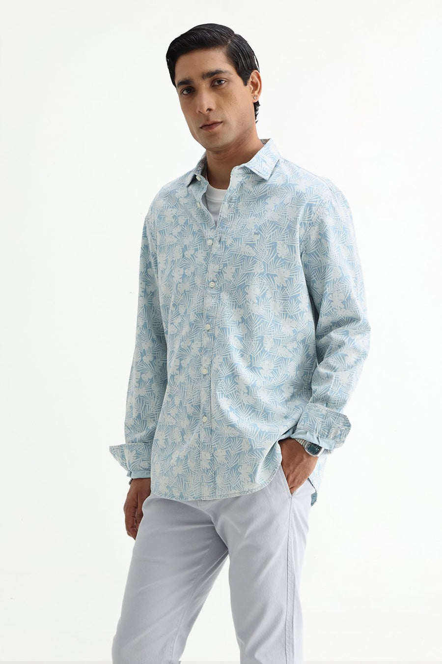 BASICS SLIM FIT  COTTON INDIGO PRINTED SHIRT