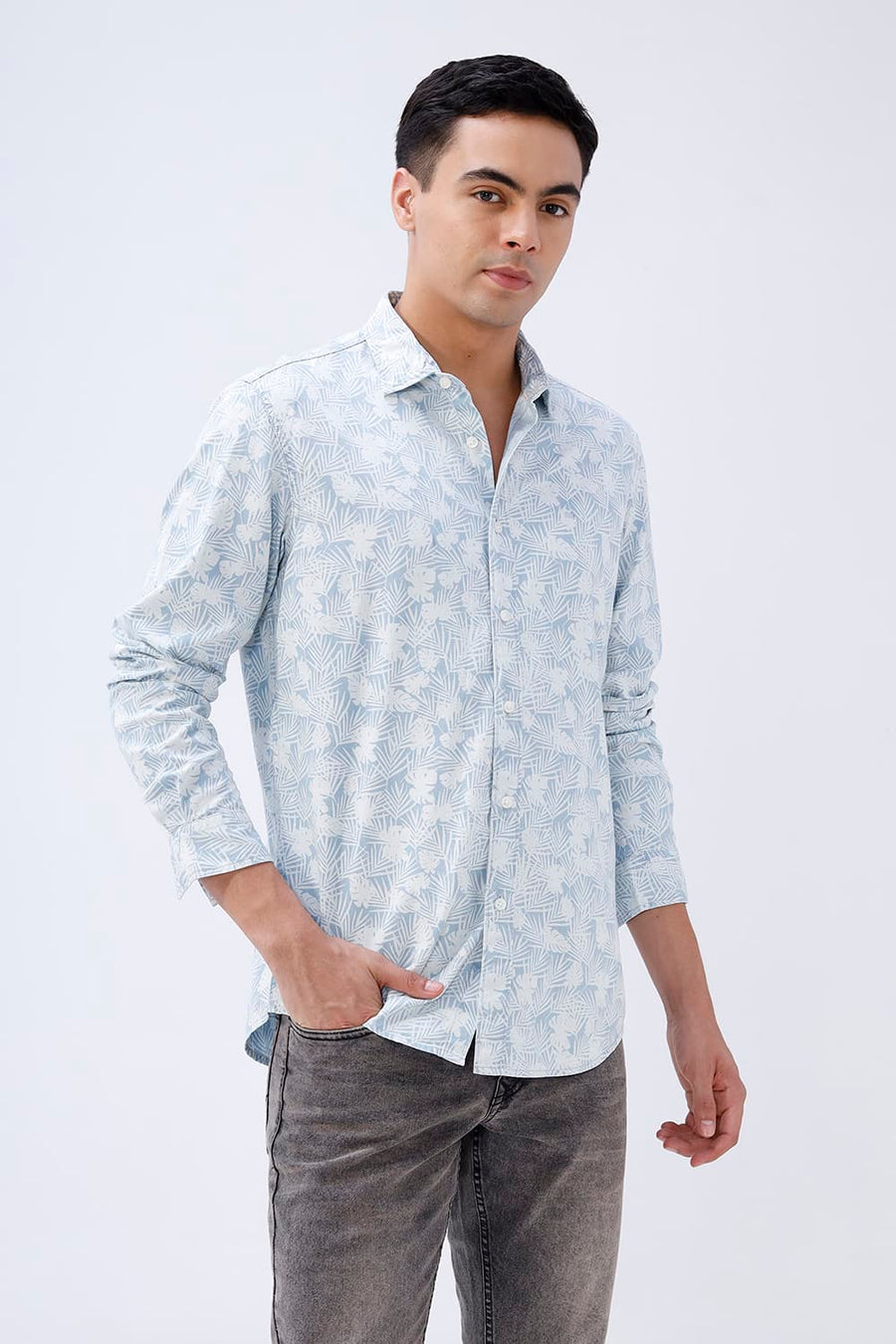 BASICS SLIM FIT  COTTON INDIGO PRINTED SHIRT