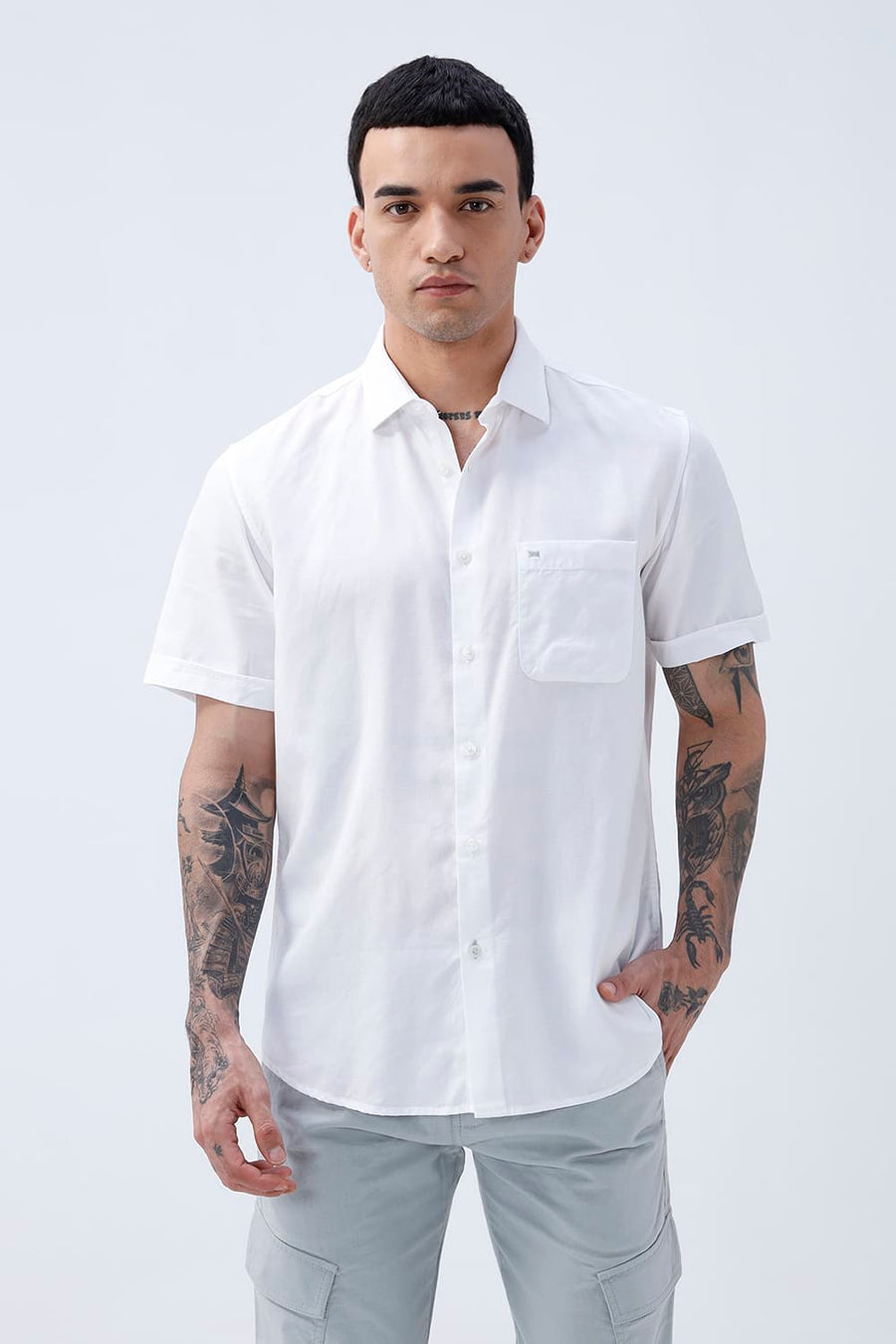 BASICS SLIM FIT  LYOCELL LINEN HALFSLEEVES SHIRT