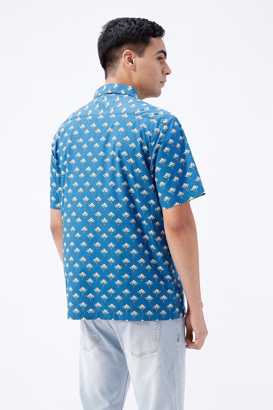 BASICS RELAXED FIT PORT BLUE COTTON DIGITAL PRINTED HALFSLEEVES SHIRT