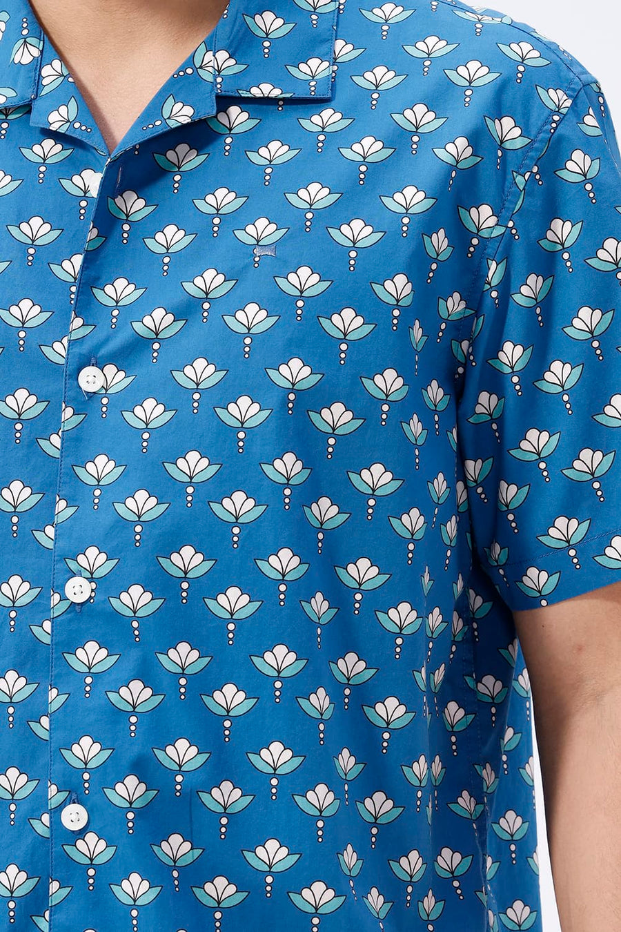 BASICS RELAXED FIT PORT BLUE COTTON DIGITAL PRINTED HALFSLEEVES SHIRT