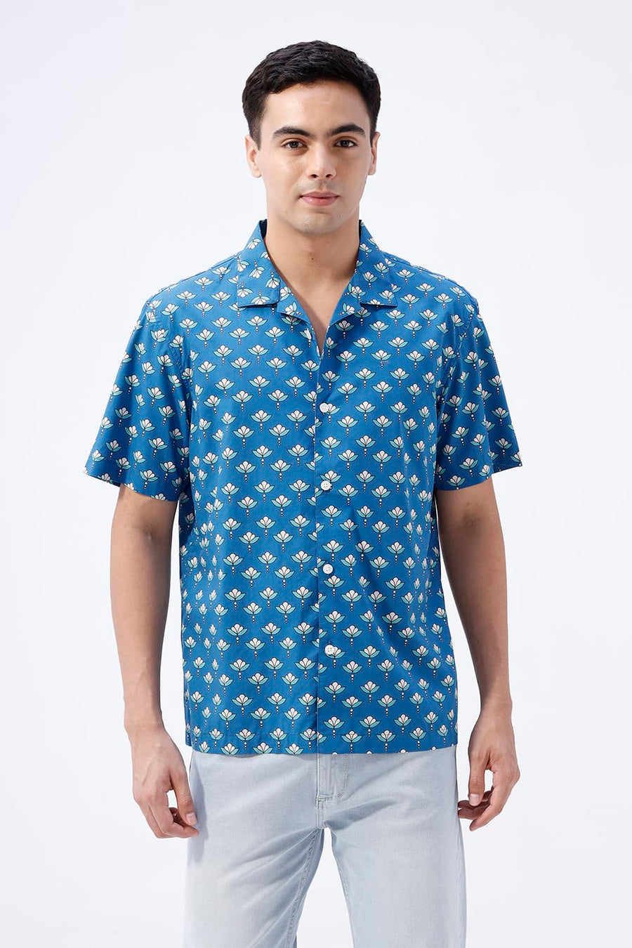 BASICS RELAXED FIT PORT BLUE COTTON DIGITAL PRINTED HALFSLEEVES SHIRT