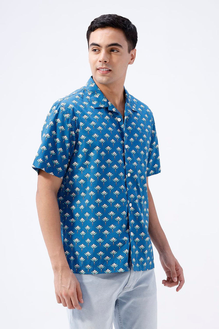 BASICS RELAXED FIT PORT BLUE COTTON DIGITAL PRINTED HALFSLEEVES SHIRT