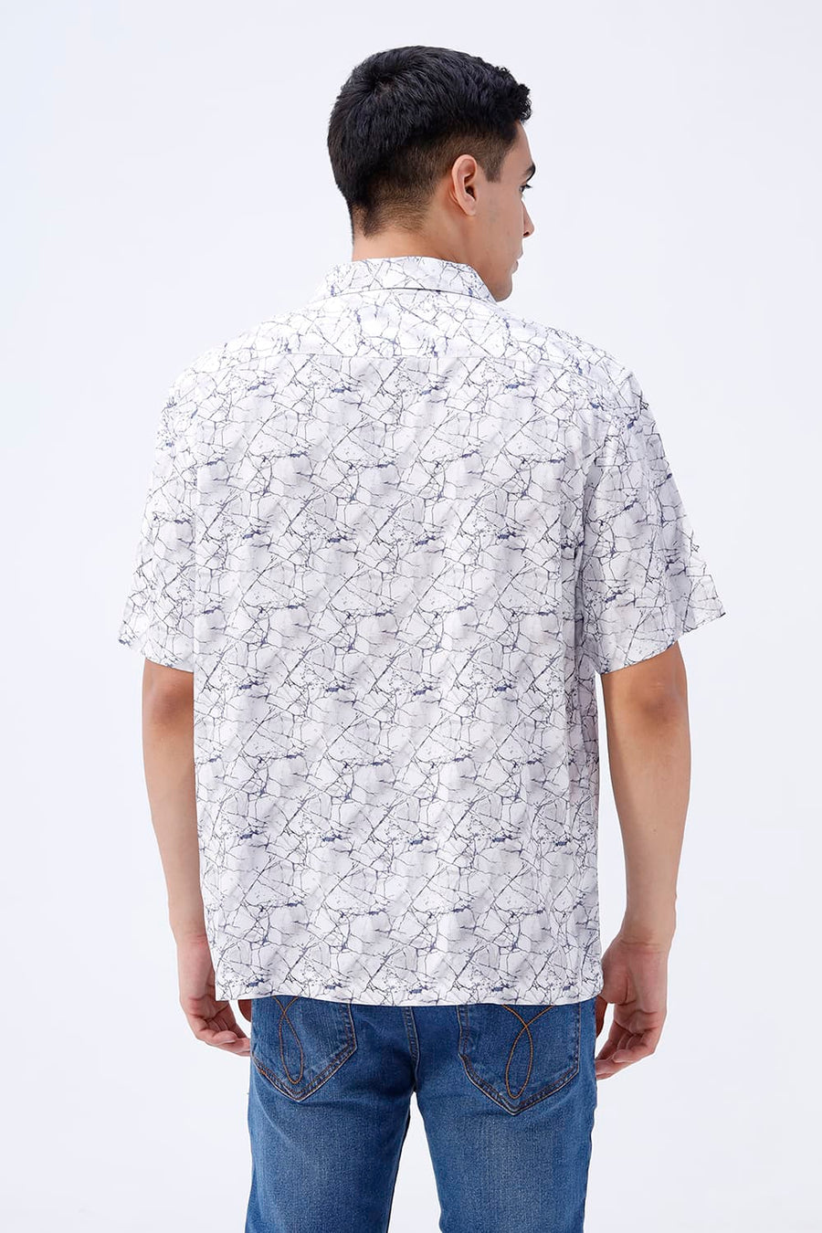BASICS RELAXED FIT BLUE ASHES COTTON VISCOSE DIGITAL PRINTED HALFSLEEVES SHIRT