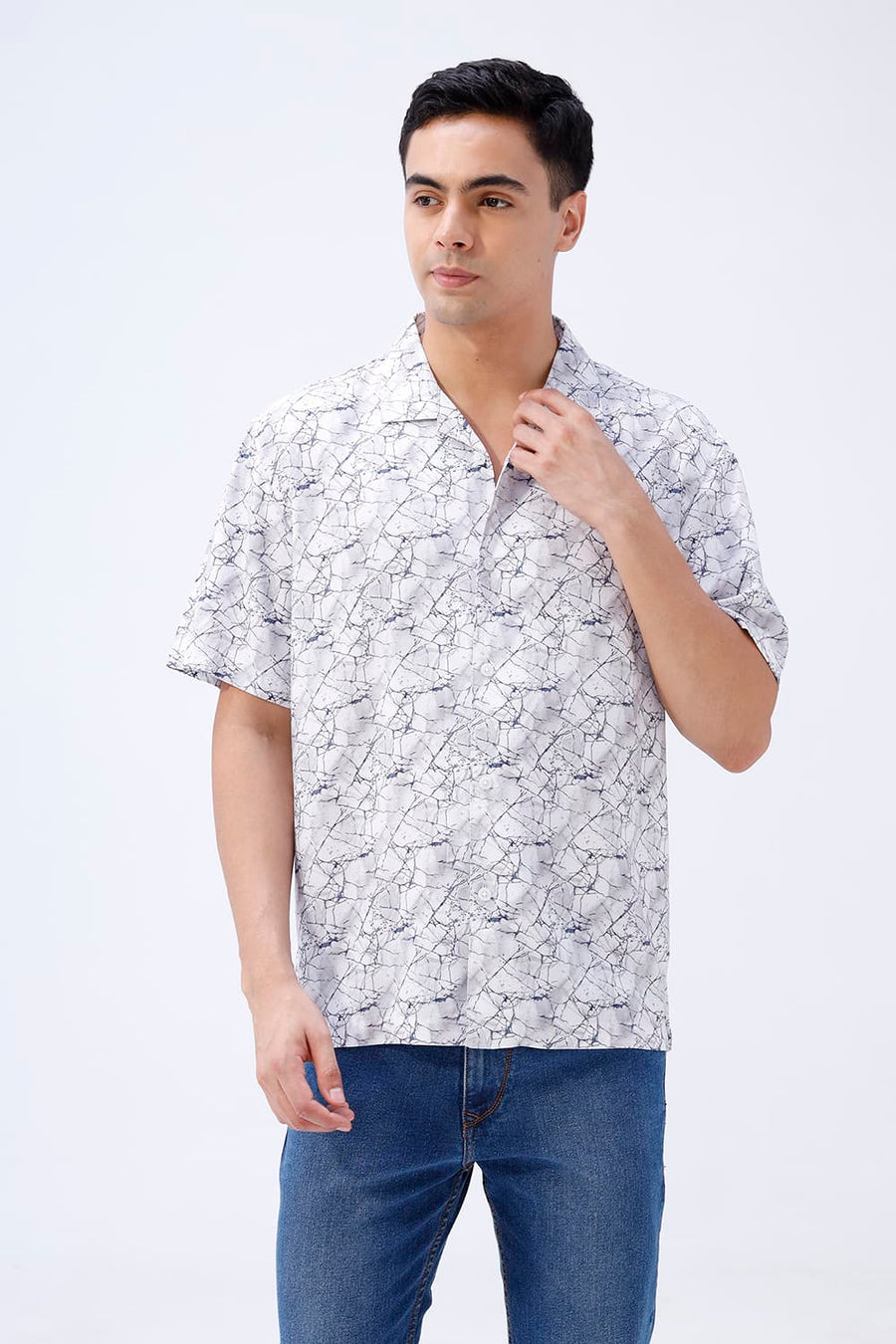 BASICS RELAXED FIT BLUE ASHES COTTON VISCOSE DIGITAL PRINTED HALFSLEEVES SHIRT
