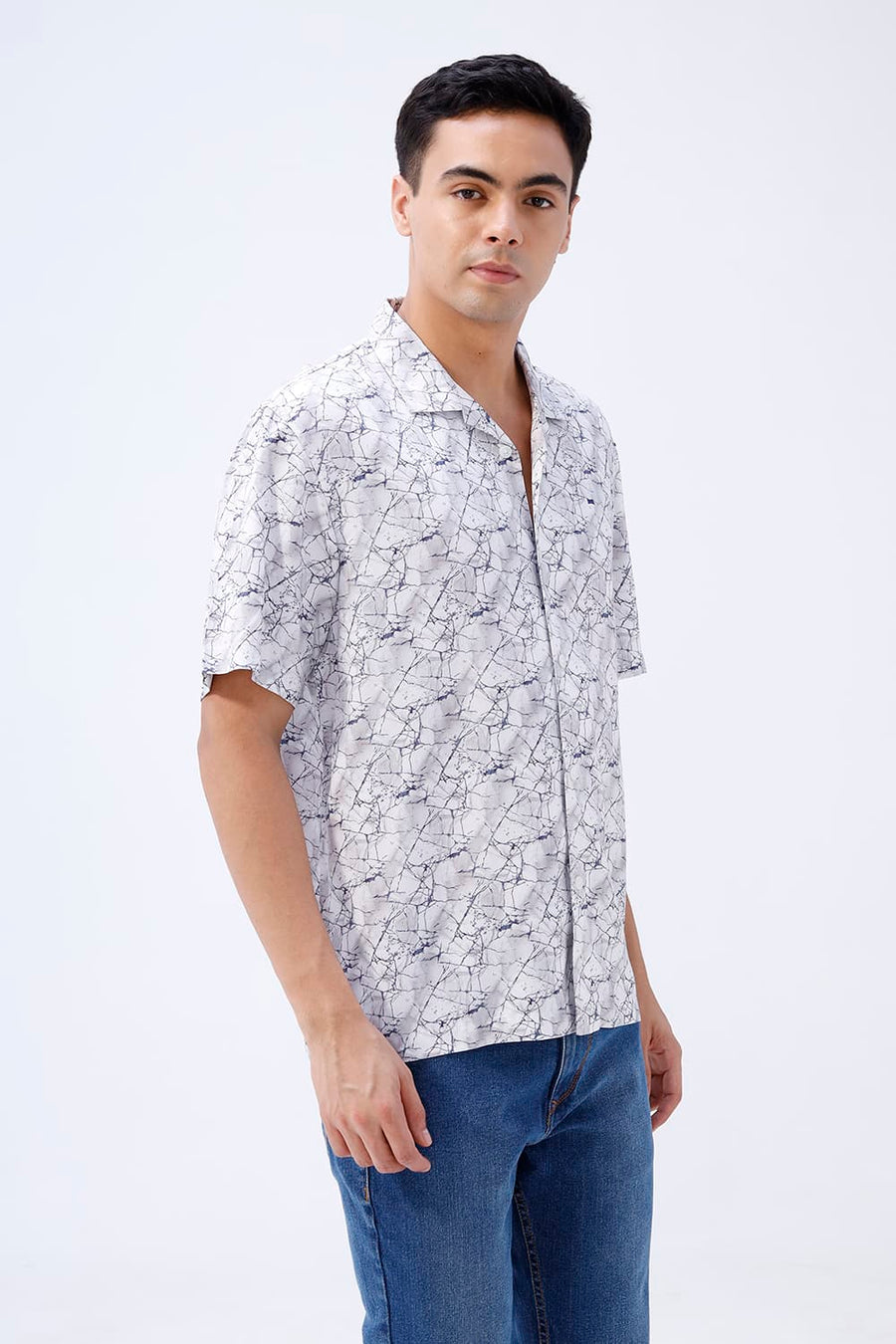 BASICS RELAXED FIT BLUE ASHES COTTON VISCOSE DIGITAL PRINTED HALFSLEEVES SHIRT