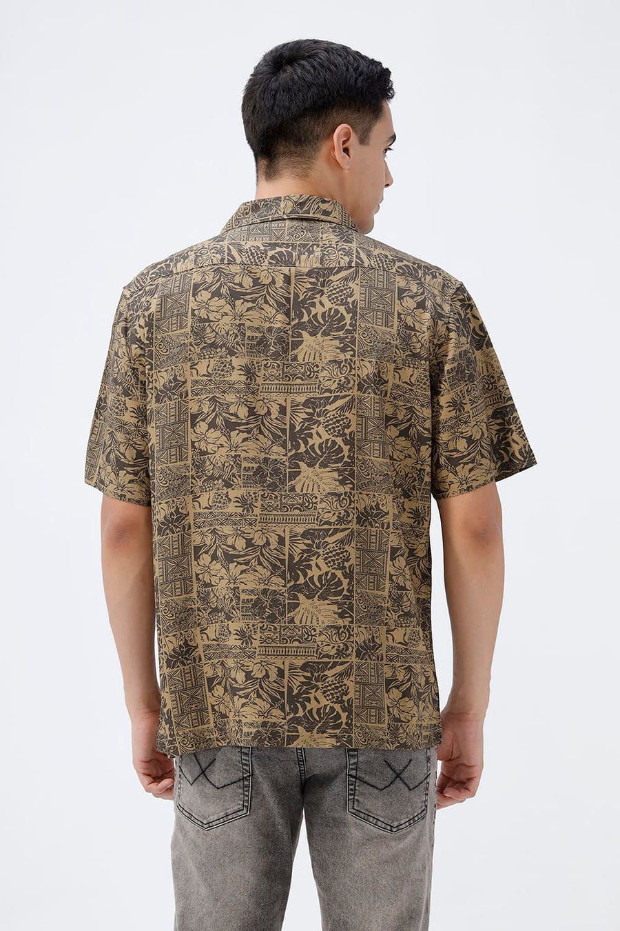 BASICS RELAXED FIT BUTTERNUT OLIVE COTTON VISCOSE DIGITAL PRINTED HALFSLEEVES SHIRT