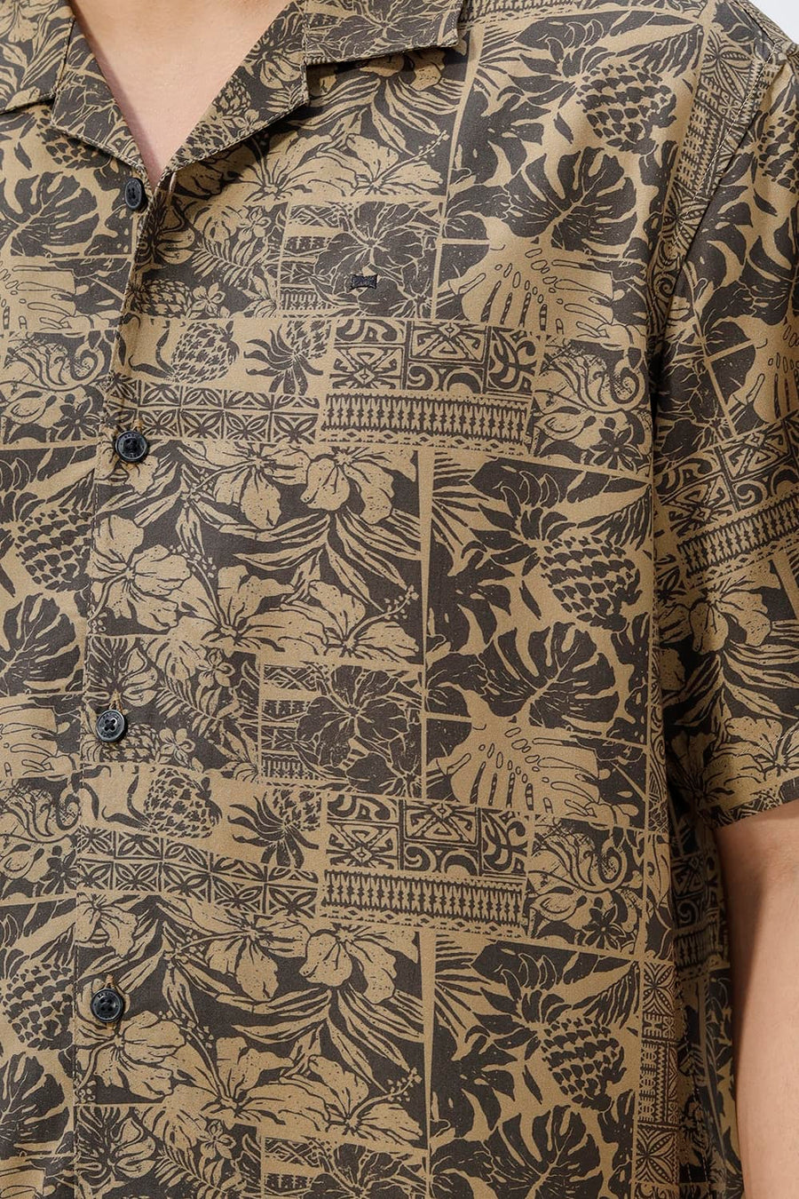 BASICS RELAXED FIT BUTTERNUT OLIVE COTTON VISCOSE DIGITAL PRINTED HALFSLEEVES SHIRT