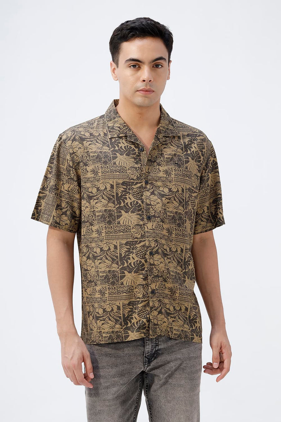 BASICS RELAXED FIT BUTTERNUT OLIVE COTTON VISCOSE DIGITAL PRINTED HALFSLEEVES SHIRT