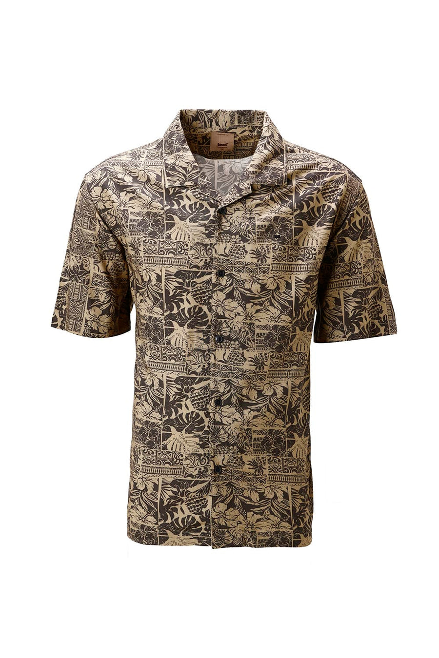 BASICS RELAXED FIT BUTTERNUT OLIVE COTTON VISCOSE DIGITAL PRINTED HALFSLEEVES SHIRT