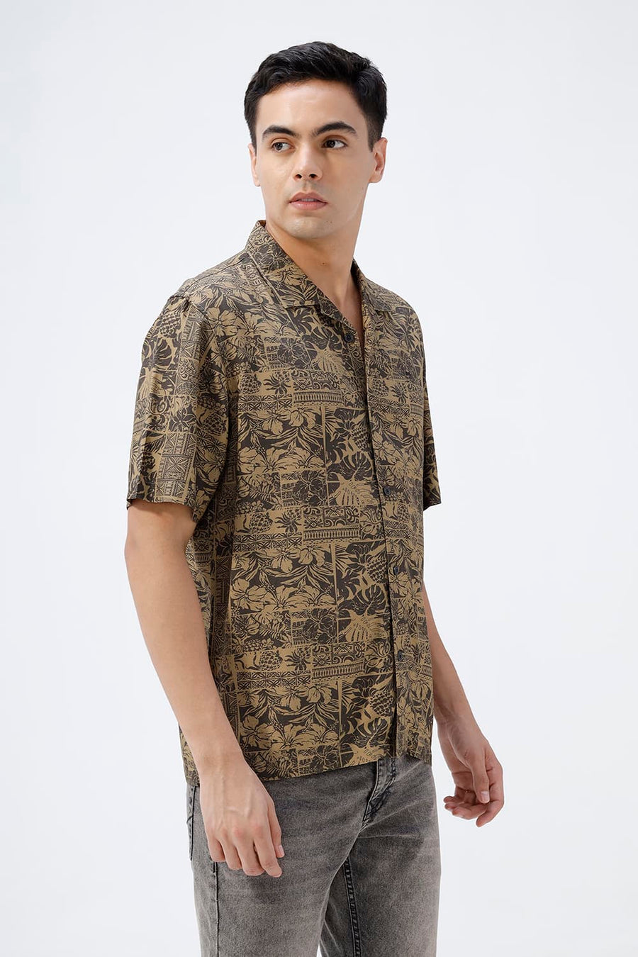 BASICS RELAXED FIT BUTTERNUT OLIVE COTTON VISCOSE DIGITAL PRINTED HALFSLEEVES SHIRT
