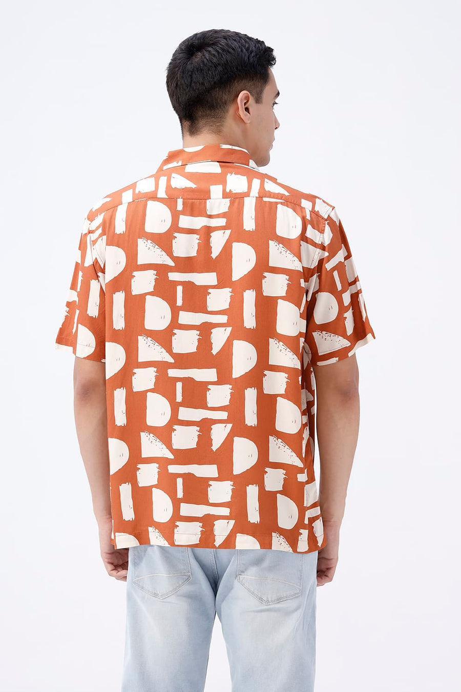 BASICS RELAXED FIT ORANGE RUST COTTON VISCOSE DIGITAL PRINTED HALFSLEEVES SHIRT