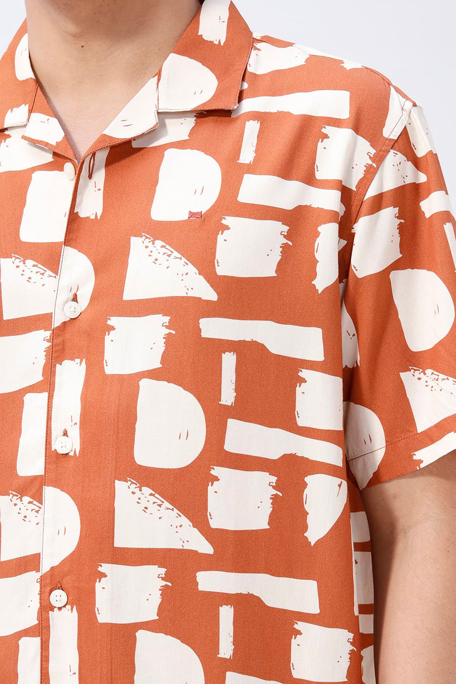BASICS RELAXED FIT ORANGE RUST COTTON VISCOSE DIGITAL PRINTED HALFSLEEVES SHIRT