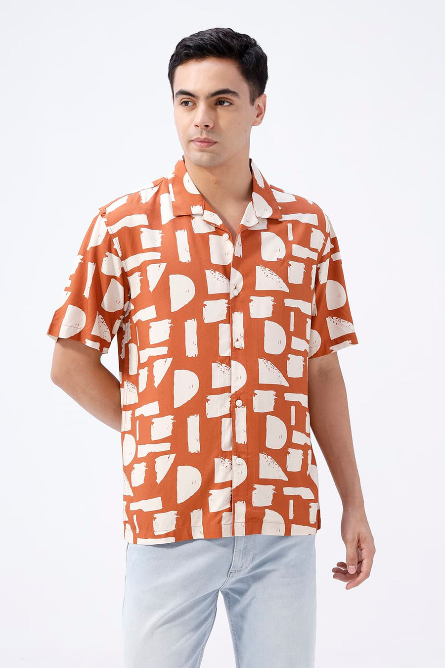 BASICS RELAXED FIT ORANGE RUST COTTON VISCOSE DIGITAL PRINTED HALFSLEEVES SHIRT