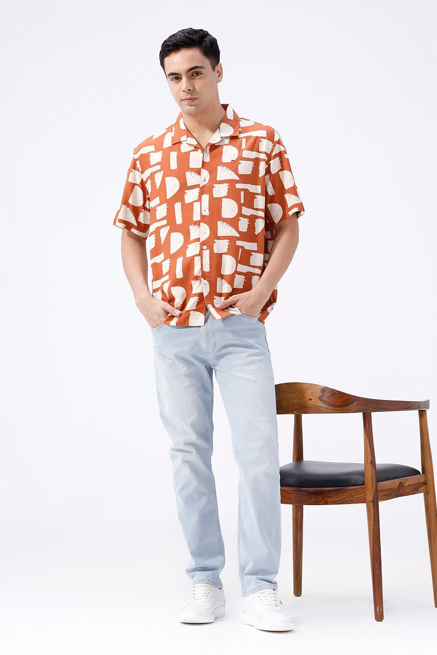BASICS RELAXED FIT ORANGE RUST COTTON VISCOSE DIGITAL PRINTED HALFSLEEVES SHIRT